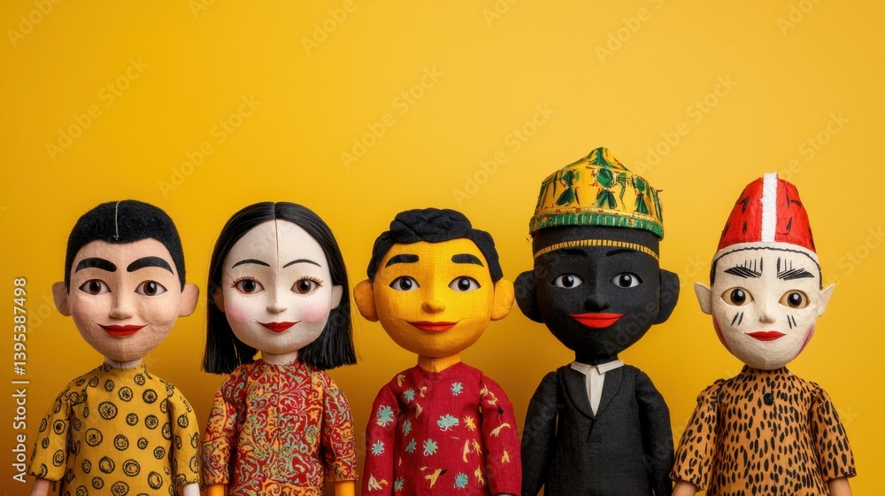 Poster puppet making concept, side by side display of different puppet styles with colorful fabrics against