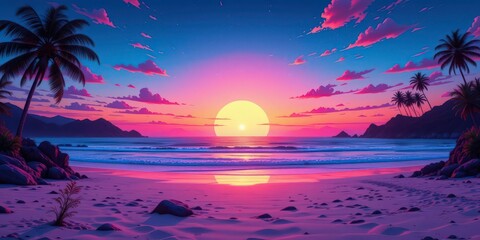  Sunset Synthwave A Geometric Beach Scene Blasted with Retro Neon Colors