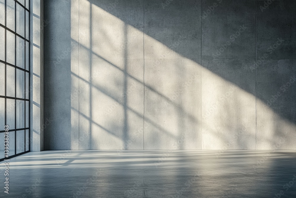 Poster Sunlight casting shadows in empty modern interior with concrete walls and floor