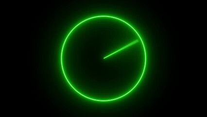 A glowing neon clock icon, featuring a sleek circular design with illuminated hour and minute hands, radiating bright colors, symbolizing time, modernity, and precision.
