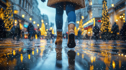 A woman in warm boots walks through a snowy city street at night enjoying the festive Christmas lights reflecting on the wet pavement.