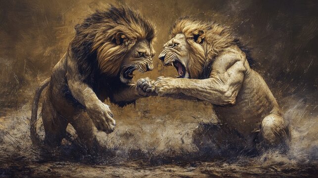 two lions fighting in the mud