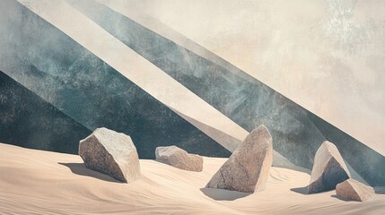 Abstract landscape with geometric shapes and rocks in a sandy environment.