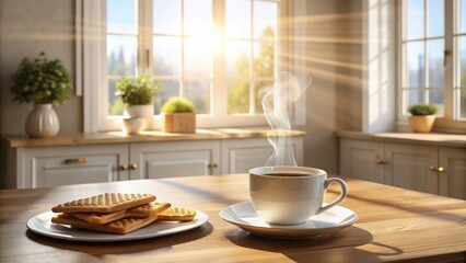 Fototapeta premium Morning sunlight streams through kitchen window, illuminating a steaming cup of coffee and a plate of crispy pastries on a wooden table.