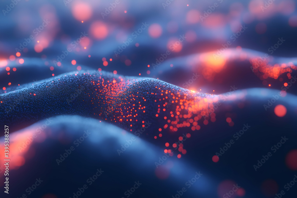 Poster 3d render of an abstract close-up illustration showing the connection between neurons in blue and re