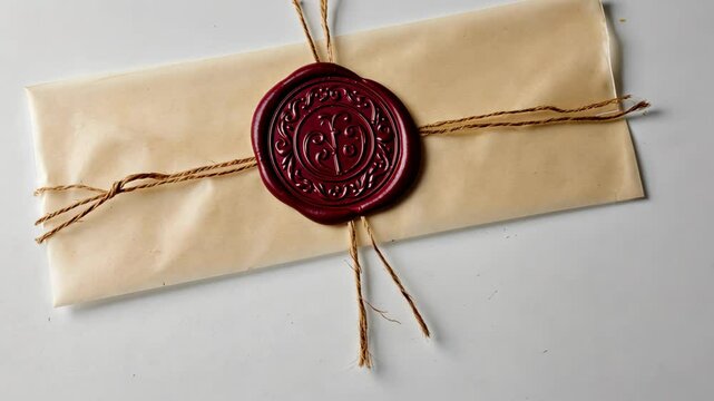 Envelope sealed with a detailed ornate wax seal and bound with natural twine on a plain background providing authenticity and closure.