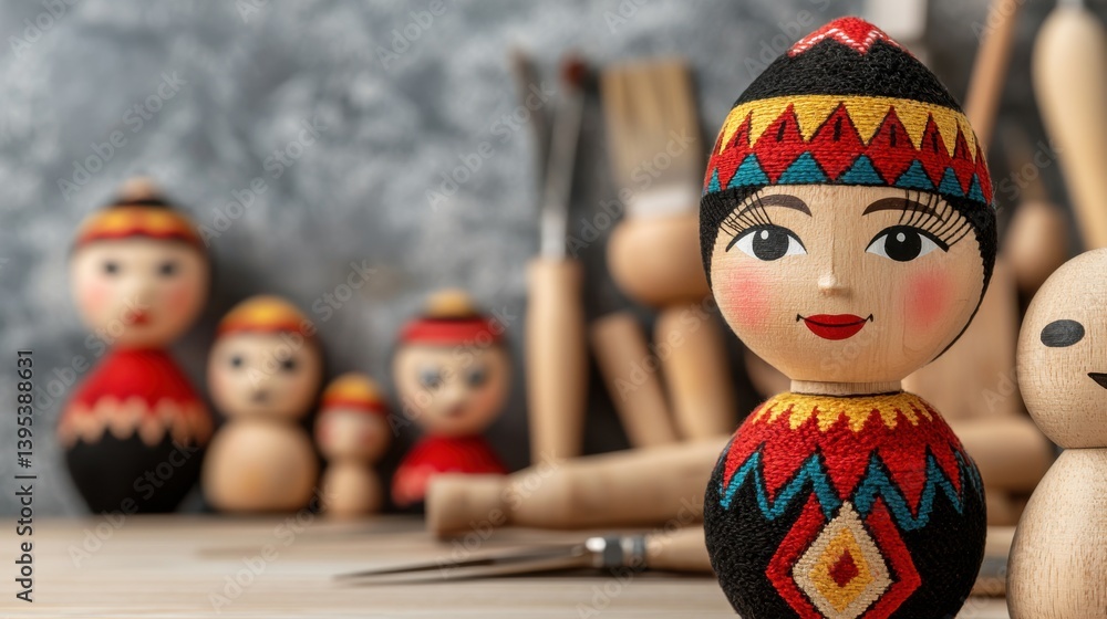 Poster puppet making concept, traditional puppet making workshop with tools and crafts in a creative enviro