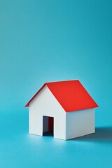 Bright white paper house with a vivid red roof against a cool blue background