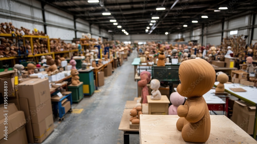 Poster puppet making concept, wide angle view of puppet making factory filled with craftsmanship and colorf