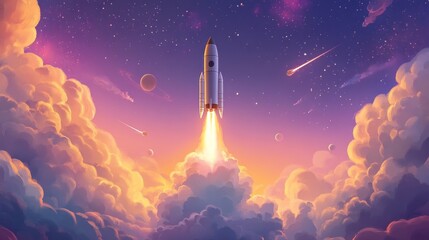 Rocket launching through vibrant clouds and starry sky.