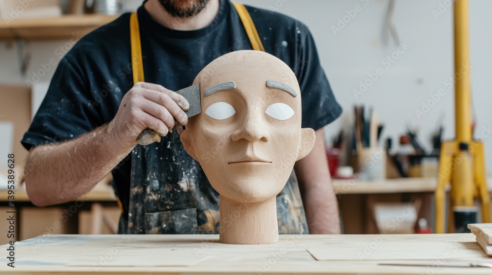 Poster puppet making concept, dedicated worker sanding the surface of a puppet in an art studio with craft 