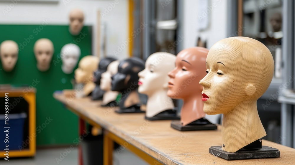 Poster puppet making concept, diverse puppet head designs displayed on workshop bench with various expressi