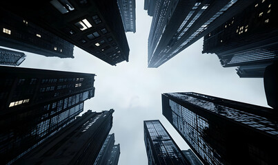 Dramatic Perspective of Tall Urban Buildings Against Cloudy Sky