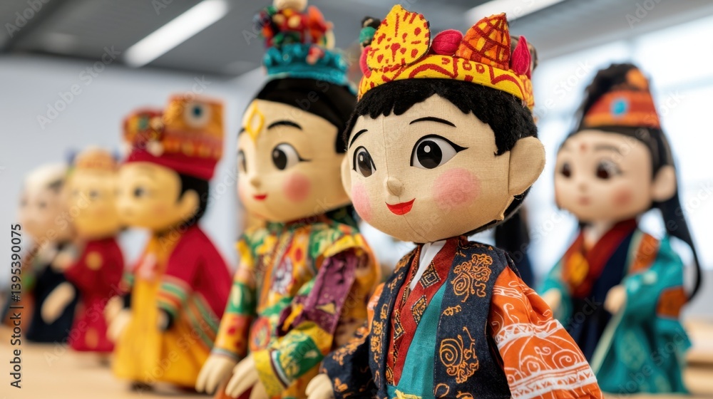 Poster puppet making concept, traditional puppets collection displayed in workshop environment with craftsm