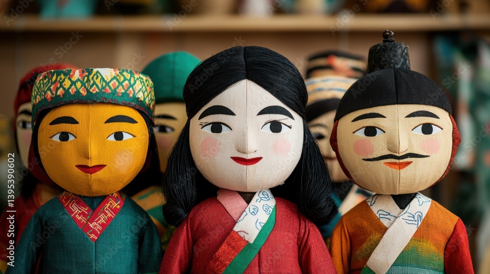 Poster puppet making concept, traditional puppets displayed in workshop filled with colorful handcrafted ar