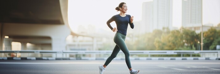 A woman is running on a road in front of a bridge. She is wearing a blue shirt and green pants