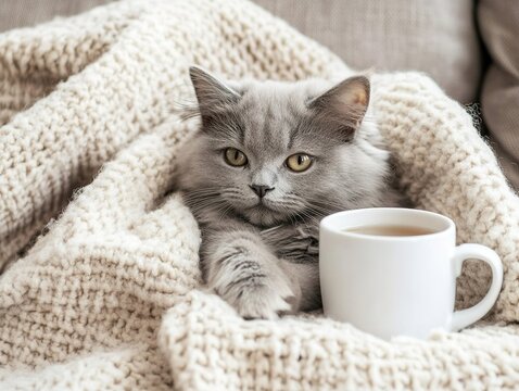 Cute fluffy gray cat with yellow eyes lying wrapped in a white knitted blanket next to a white cup of drink