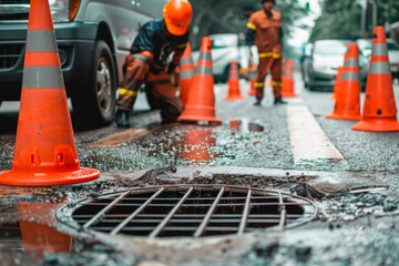 Fototapeta premium Worker over the open sewer hatch on a street near the traffic cones