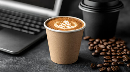 A delicious latte art crafted in a disposable paper cup sits beside a laptop and coffee beans on a dark surface perfect for a coffee break.