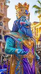 Obraz premium A majestic blue king carnival float figure with a golden crown and ornate purple robe stands proudly du a vibrant street parade.