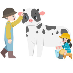 cute girl is milking a cow with grandpa