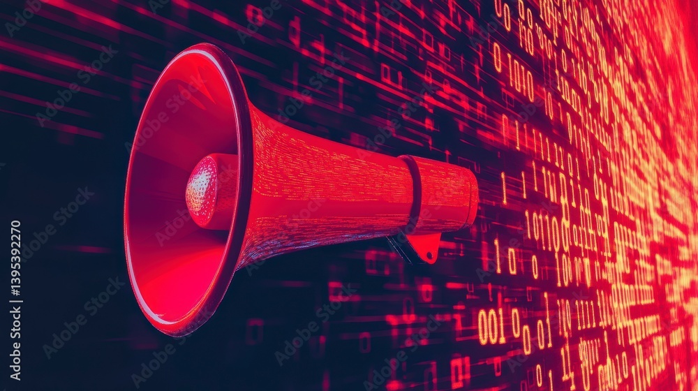 Poster Red megaphone against binary code background.