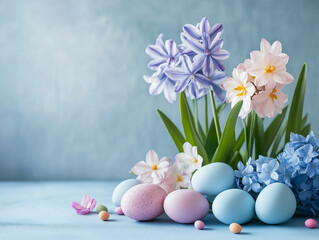 Easter-themed composition. It features a soft blue background that creates a calming and peaceful atmosphere.