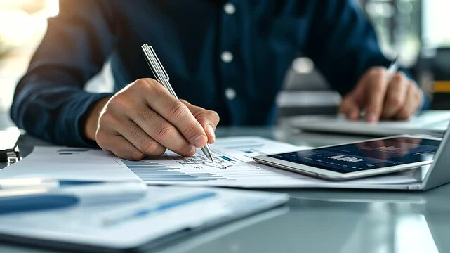 Close-up of an adult learning instructor carefully reviewing printed lesson plans, highlighting key points, while a tablet displaying a presentation slides rests on the side