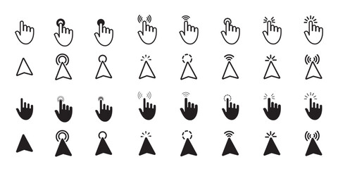 Cursor icon set. Finger pointer pictogram. Arrow click symbol. Hand touch or press icon. 