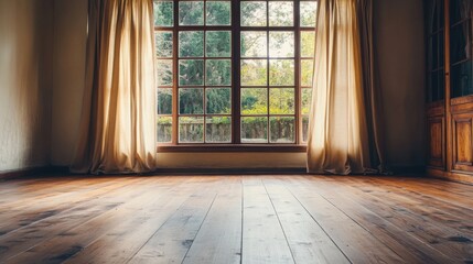 Empty Room with Large Window and Hardwood Floor