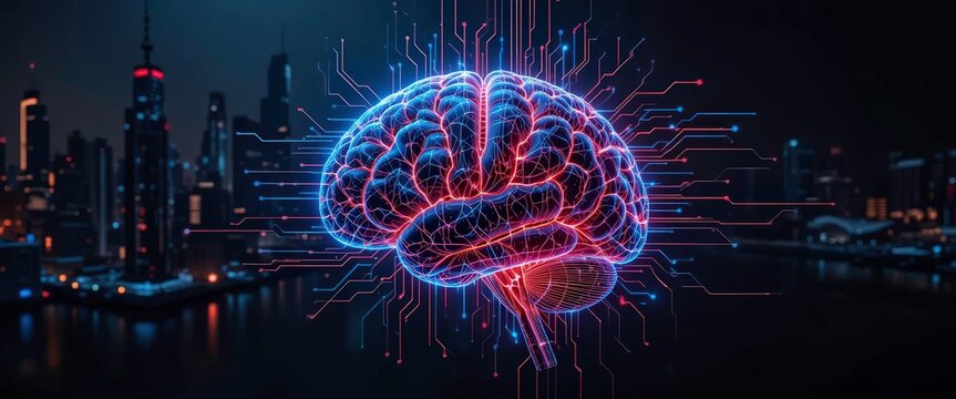  Neurological Data Stream Vibrant digital pathways visualize complex thought processes in a neon lit, abstract brain on a black