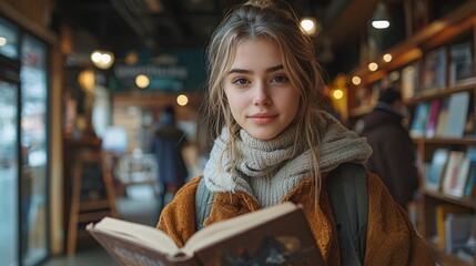 Young woman reading book in cozy bookstore during winter, warm atmosphere and joyful expression captured