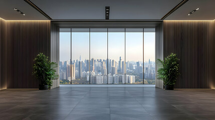 Fototapeta premium Modern Office Space with Panoramic City View and Green Plants