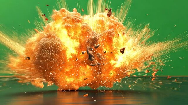 Spectacular fireball explosion on a reflective surface against vibrant green screen background sending debris and sparks flying in all directions.