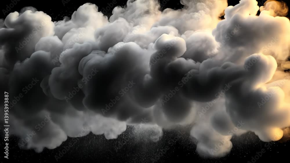 Poster abstract dark cloud formation with a dynamic and intense atmosphere against a black backdrop featuri