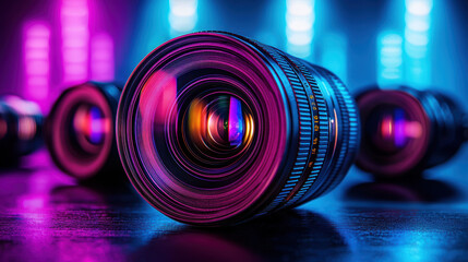 A close-up shot reveals the intricate details of a camera lens showcasing its multifaceted glass elements against a vibrant purple and blue neon light backdrop with other lenses