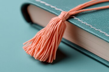 Close-up View of a Book Cover with a Pink Tassel Bookmark on a Teal Background