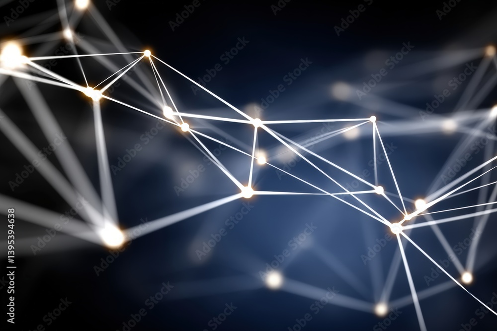 Poster abstract network design with glowing connections on a dark background.