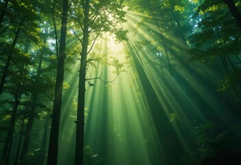 Obraz premium Sunlit Canopy Natural Ray Background with a Forest Aesthetic and Calming Ambiance