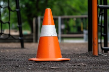 Bright Orange Traffic Cone in Playground Setting Surrounded by Soft Ground and Green Trees