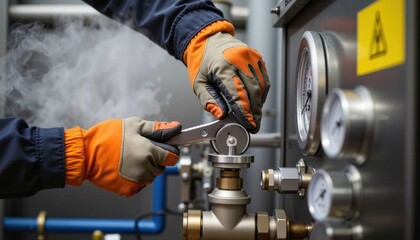 Skilled worker adjusting metal valve on boiler unit, industrial precision