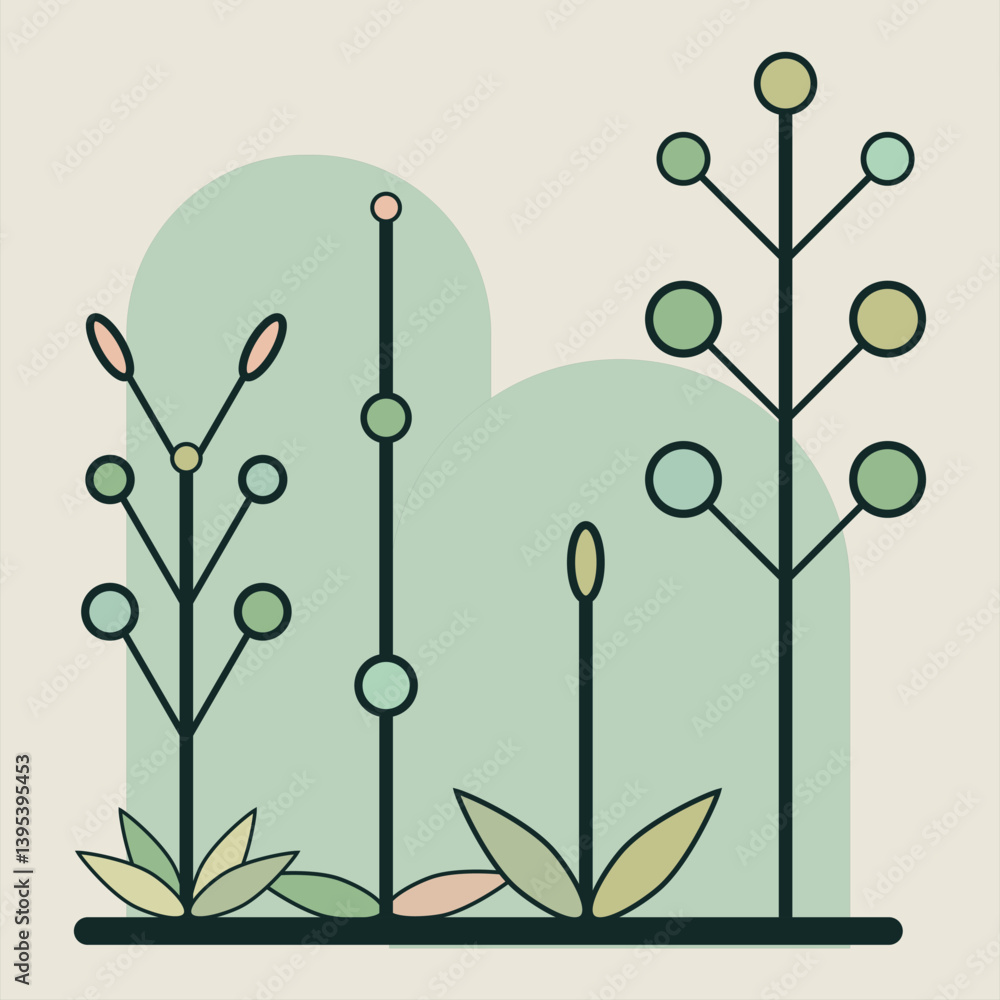 Aufkleber abstract tree shapes with round elements and leafy base in clean geometric flat vector art style