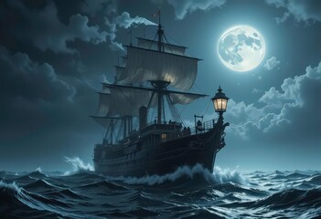Obraz premium Moonlit Menace Shadowy Ship Cutting Through Silver Waves, A Guiding Lantern Illuminating the Treacherous Path