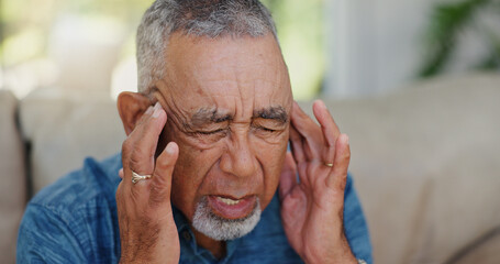 Stress, headache and senior man in home with worrying, overthinking or mental health. Anxiety,...