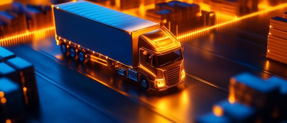 Futuristic truck model surrounded by glowing containers and lighting.