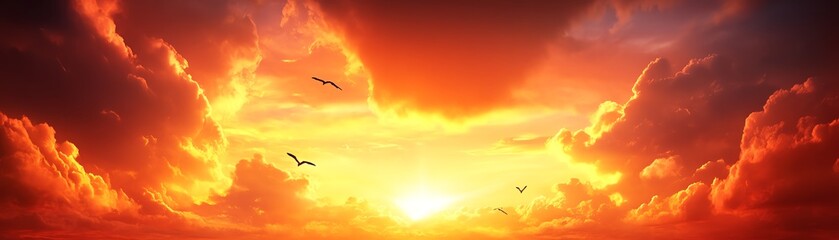 Vibrant sunset with clouds and flying birds in the sky.