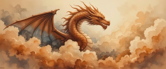  A Copper Dragon s Warm Embrace in Autumnal Cloud Hues Rustic Watercolor Charm