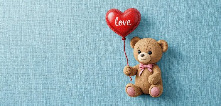  A cute teddy bear with a bright red heart balloon, wonderfully displayed on a light blue linen texture background.