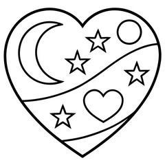 Whimsical Heart Line Art with Moon and Stars