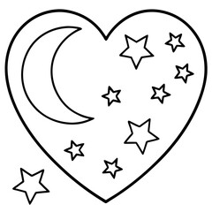 Whimsical Heart Line Art with Moon and Stars